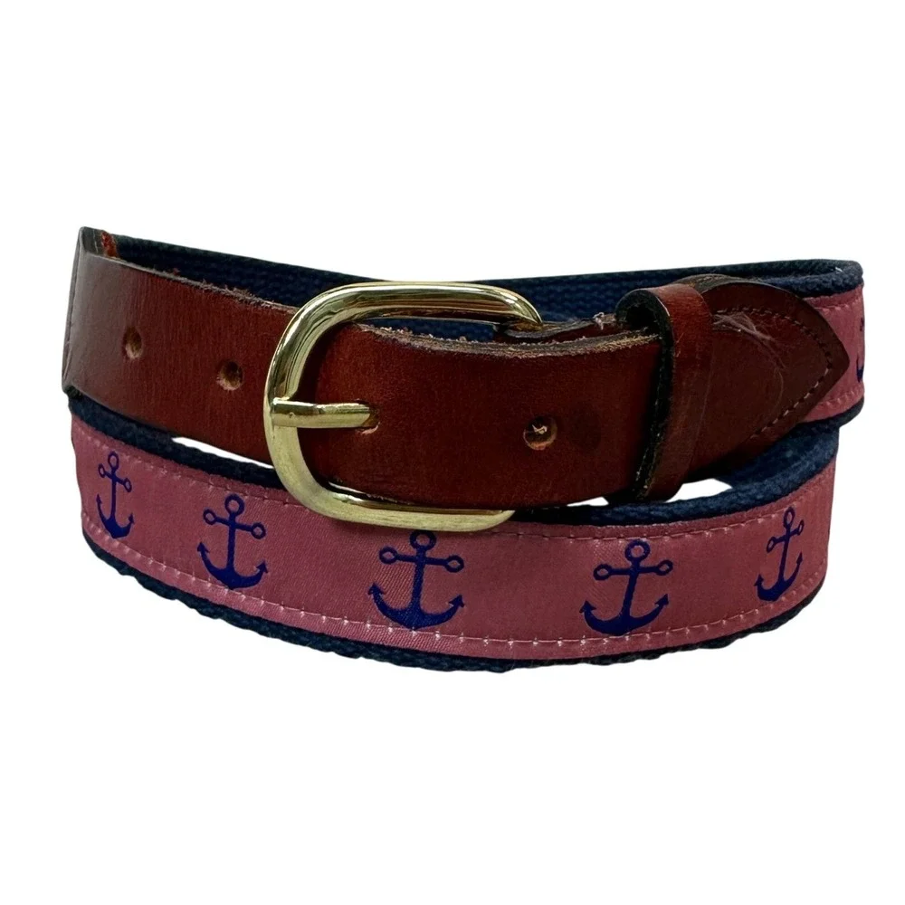 Chatham T Co Cape Cod Anchor Surcingle Belt Navy Pink Leather Preppy Mens L